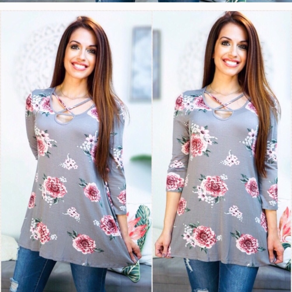 Gray Floral Criss Cross Tunic
